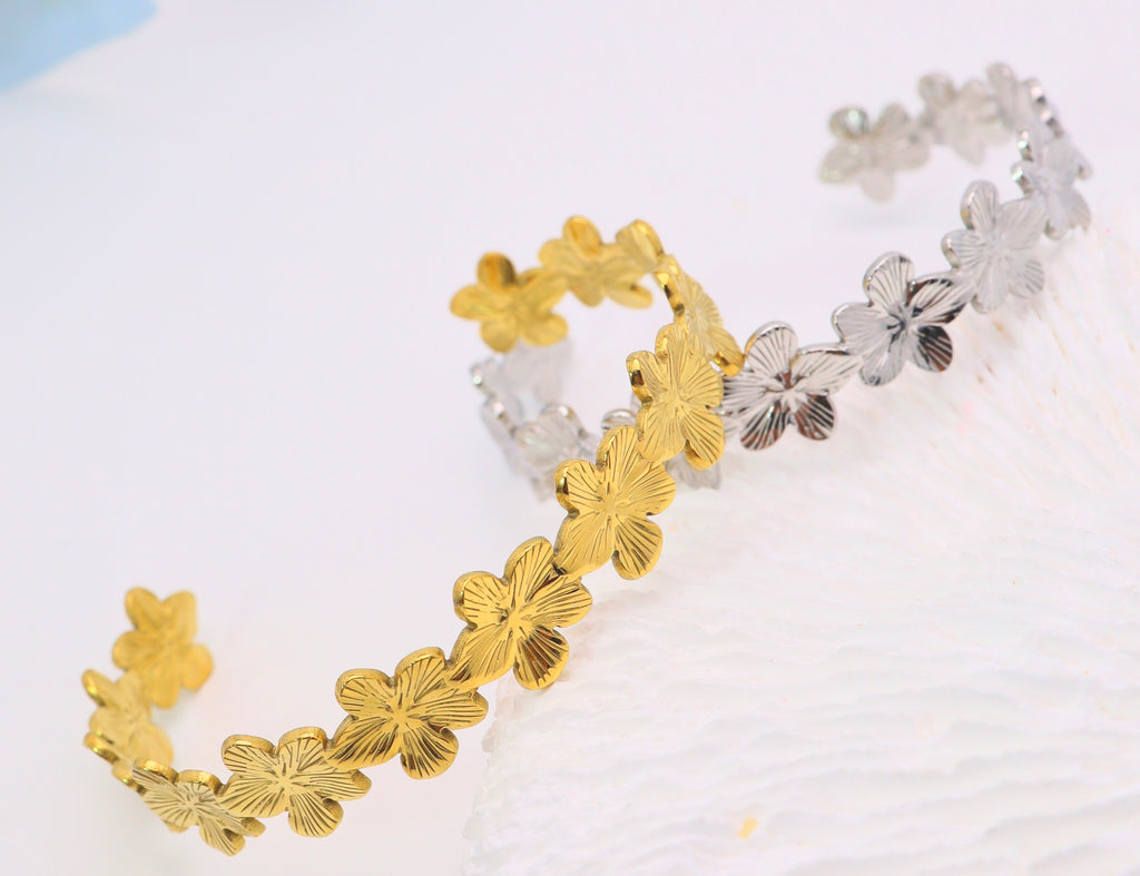 Jonc petites fleurs gravés ajustable -Acier inoxydable doré ou Argenté