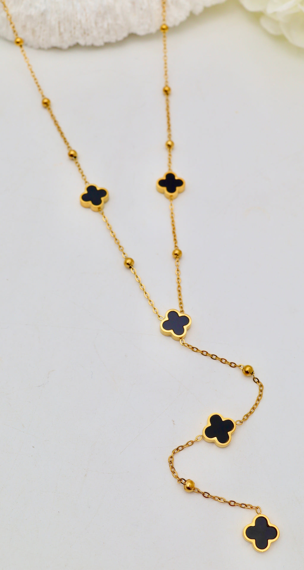 Collier trèfles émaillés - Blanc ou Noir - Acier Inoxydable Doré