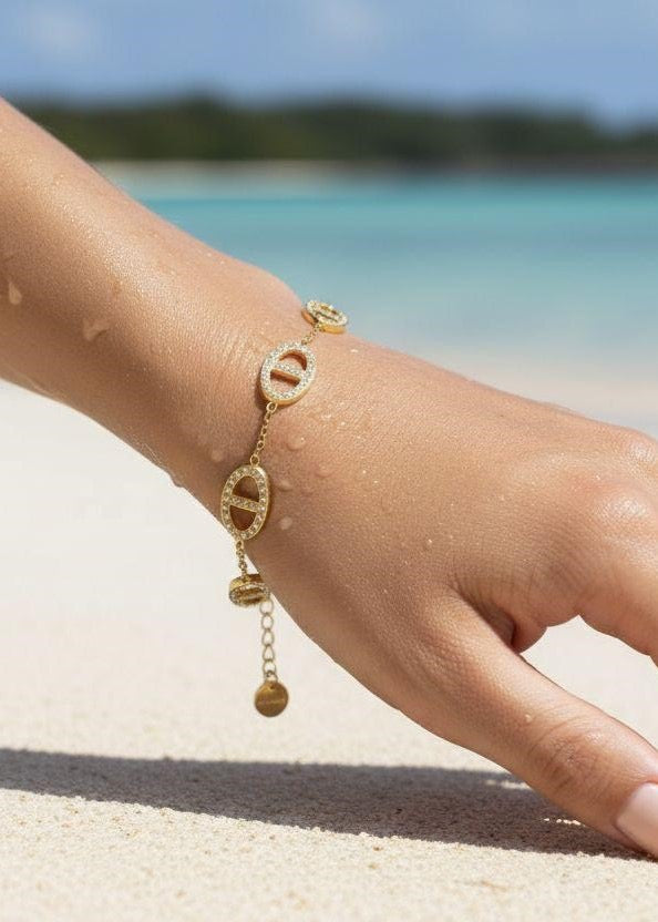 Bracelet ovale zircon￼tous le long gros symbole – Acier inoxydable (Or ou Argent)