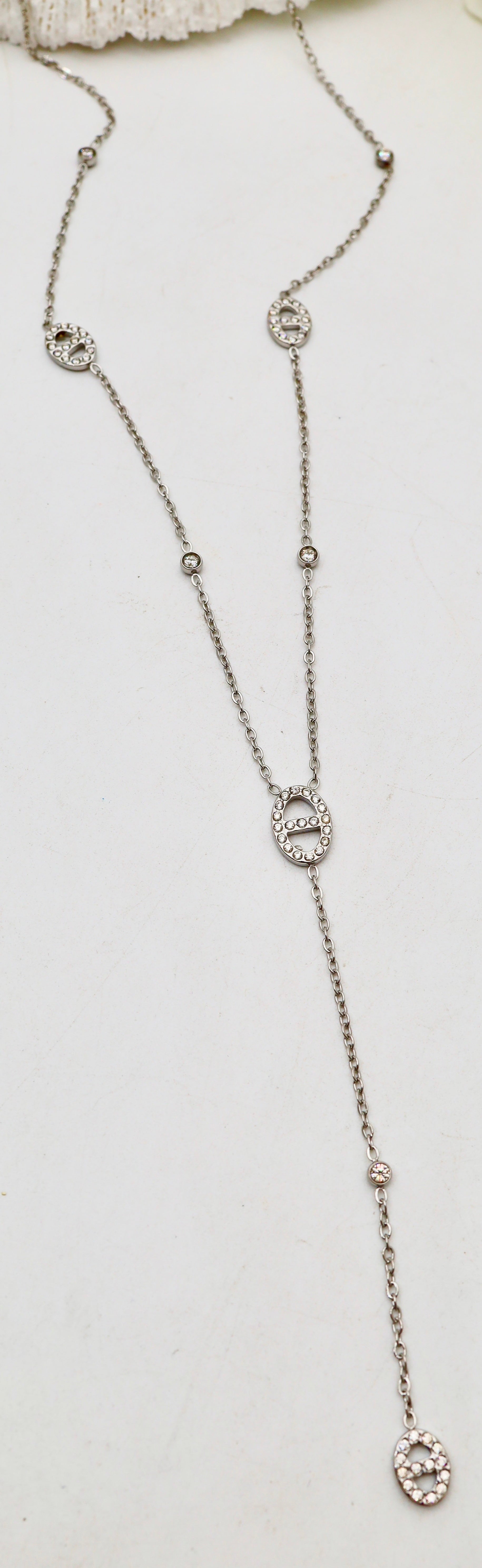 Collier Y doré avec pendentif ovales pavés-Acier inoxydable -Or ou Argenté