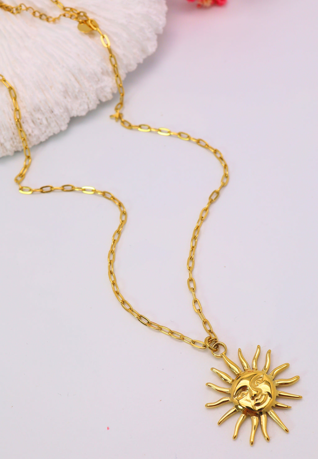 Collier Soleil Doré – Acier Inoxydable | Chaîne Maillon Ovale