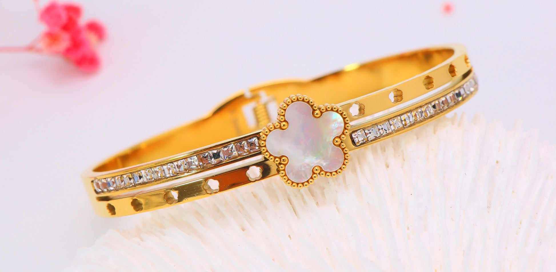 Bracelet trèfle nacré en acier inoxydable zircons – Or ou Argent