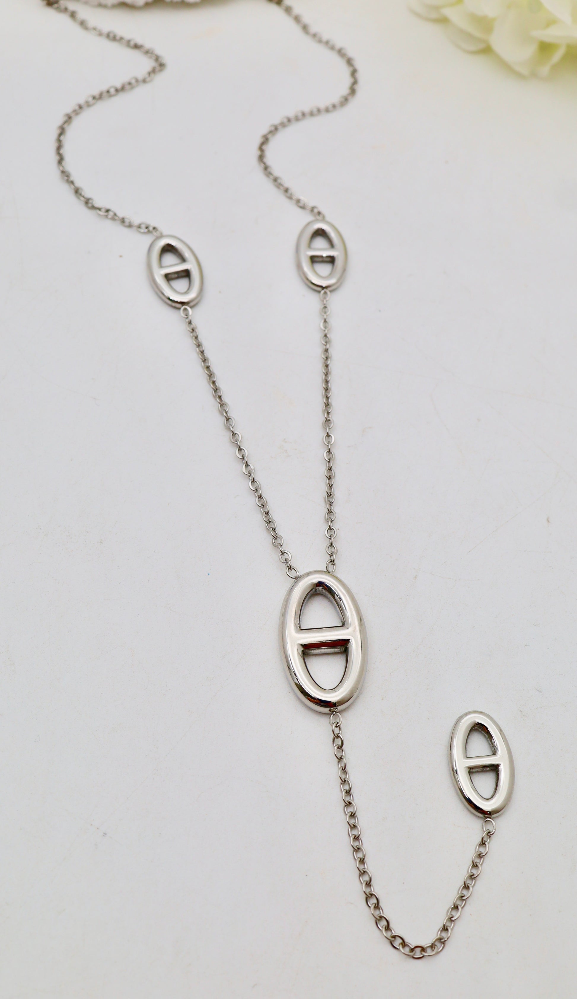 Collier sautoir Y doré ou argenté à pendentif ovales -Acier inoxydable