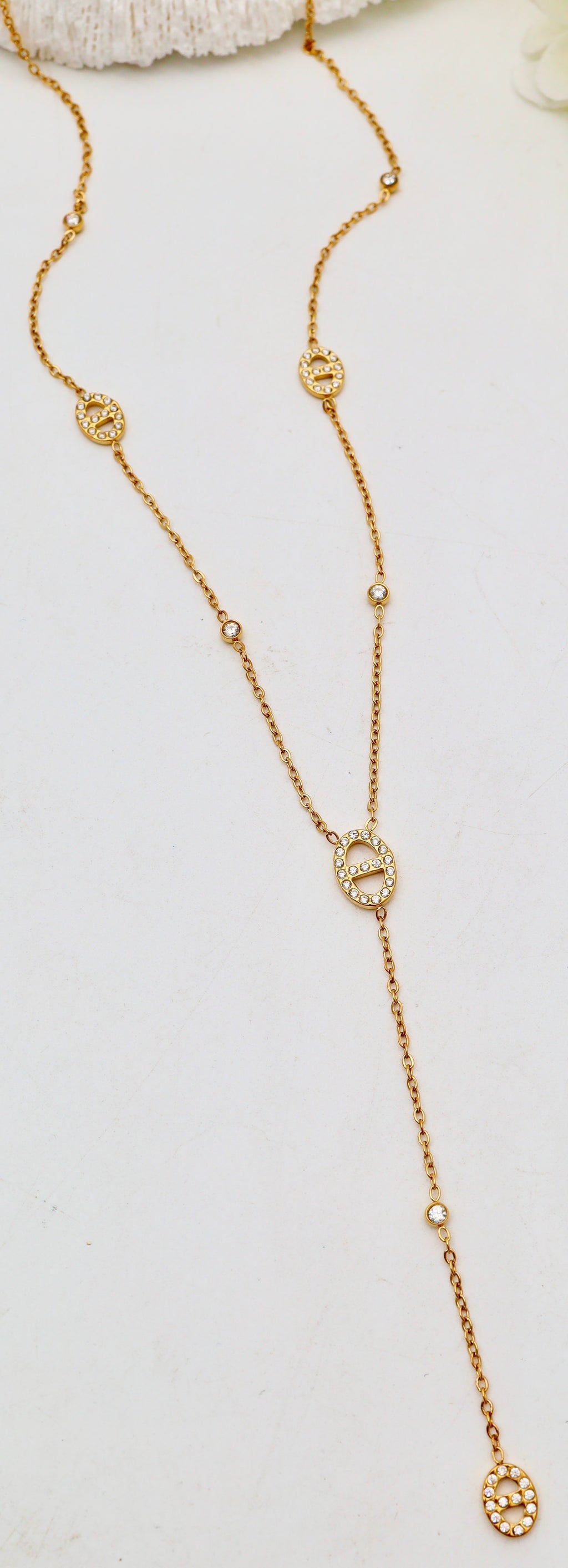 Collier Y doré avec pendentif ovales pavés-Acier inoxydable -Or ou Argenté