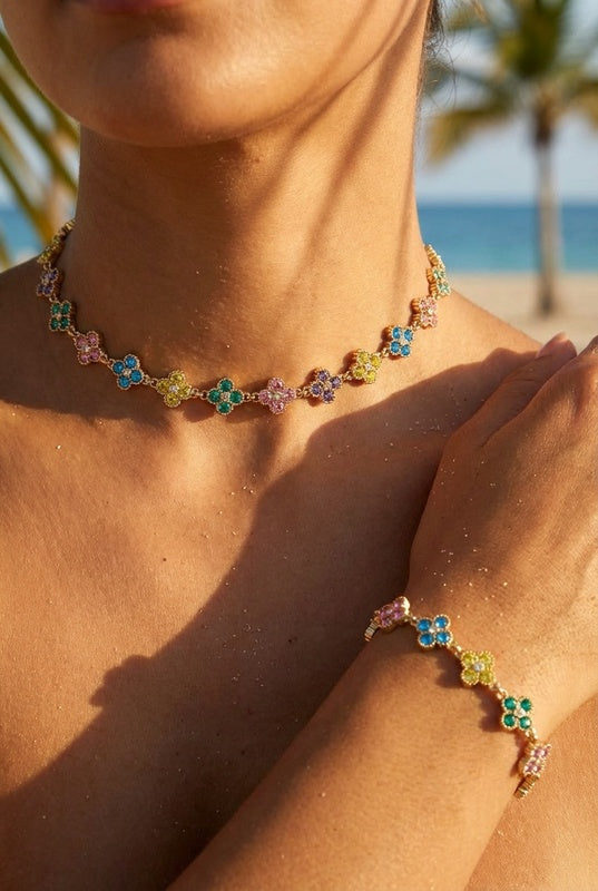 Collier fleurs zircon – Acier inoxydable