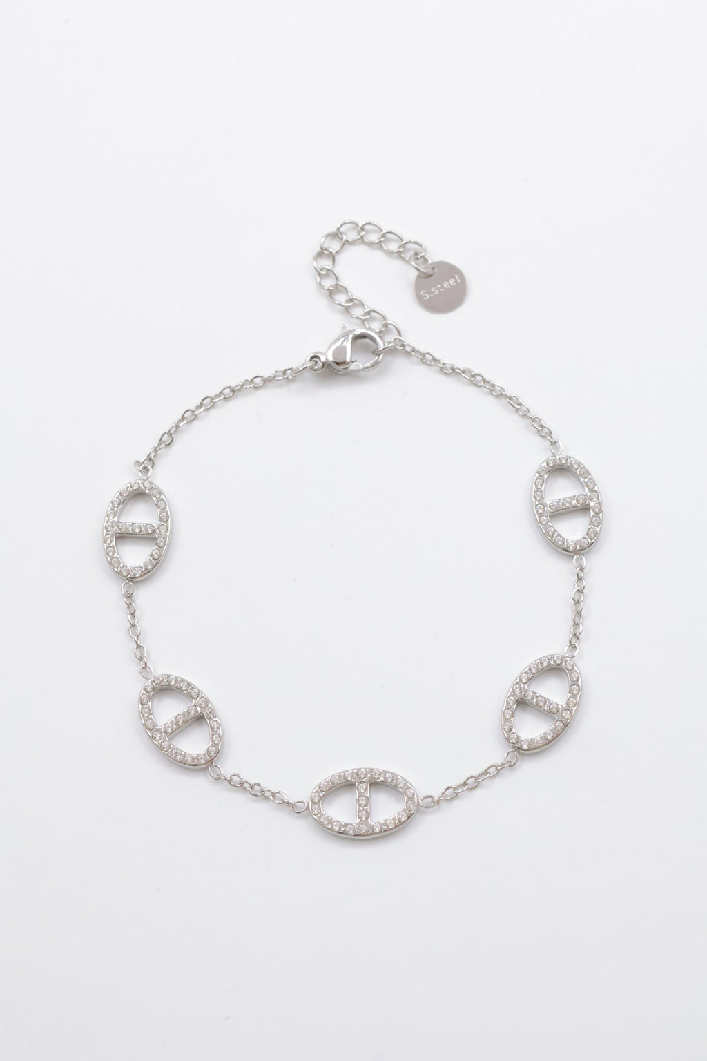 Bracelet ovale zircon￼tous le long gros symbole – Acier inoxydable (Or ou Argent)