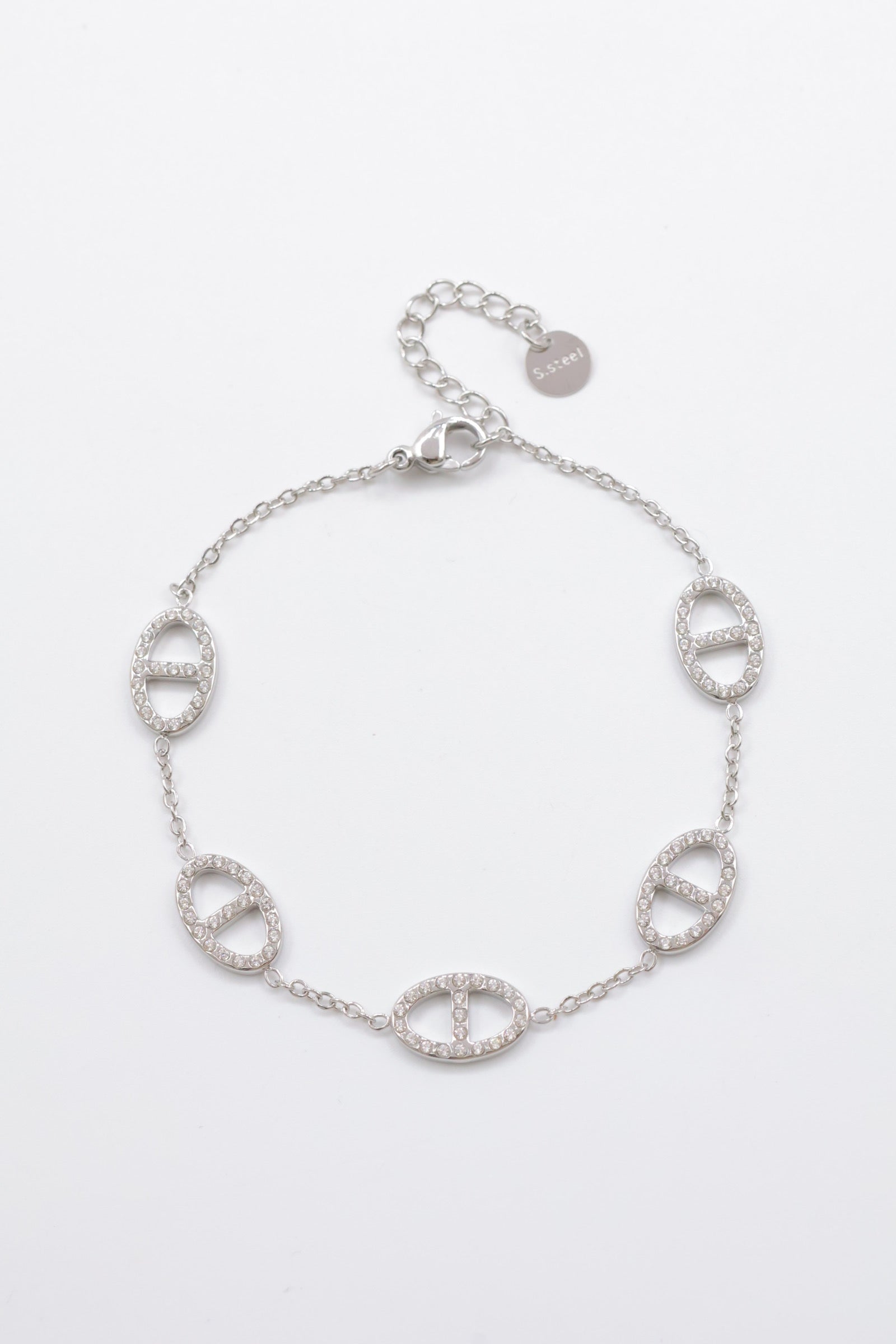 Bracelet ovale zircon￼tous le long gros symbole – Acier inoxydable (Or ou Argent)