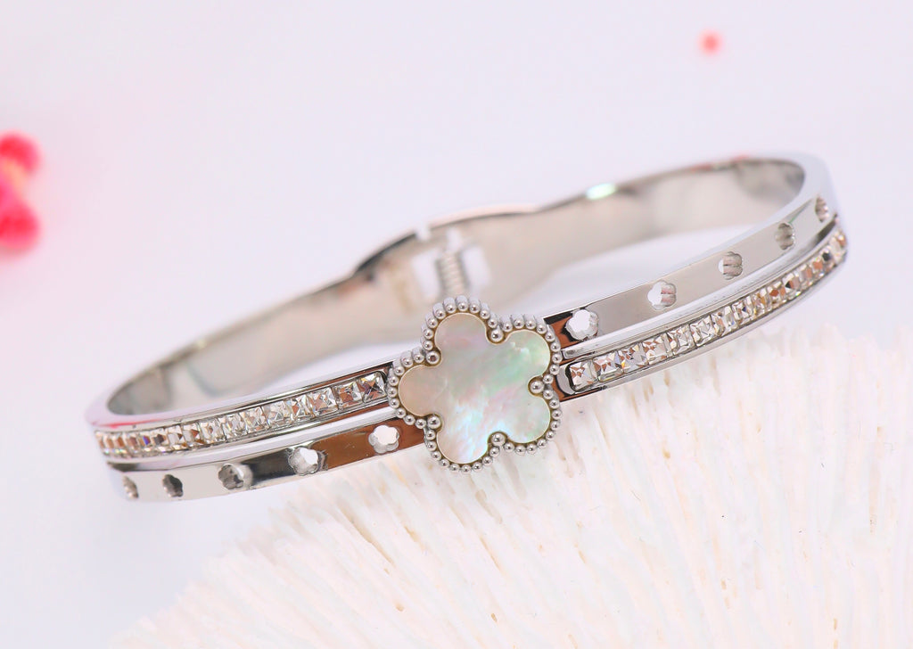 Bracelet trèfle nacré en acier inoxydable zircons – Or ou Argent