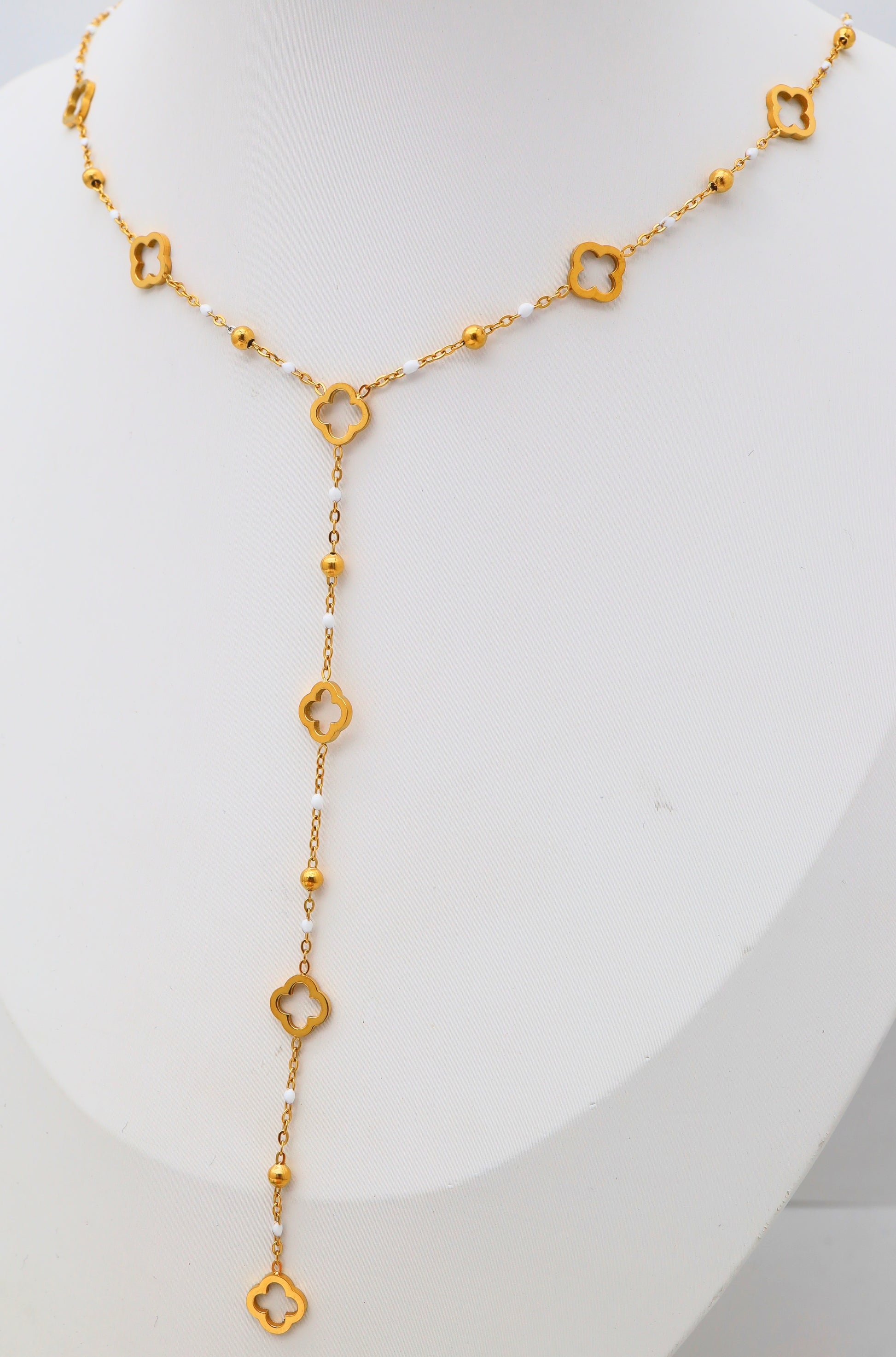 Collier Y Trèfles & imitation Perles blanche  – Acier inoxydable doré