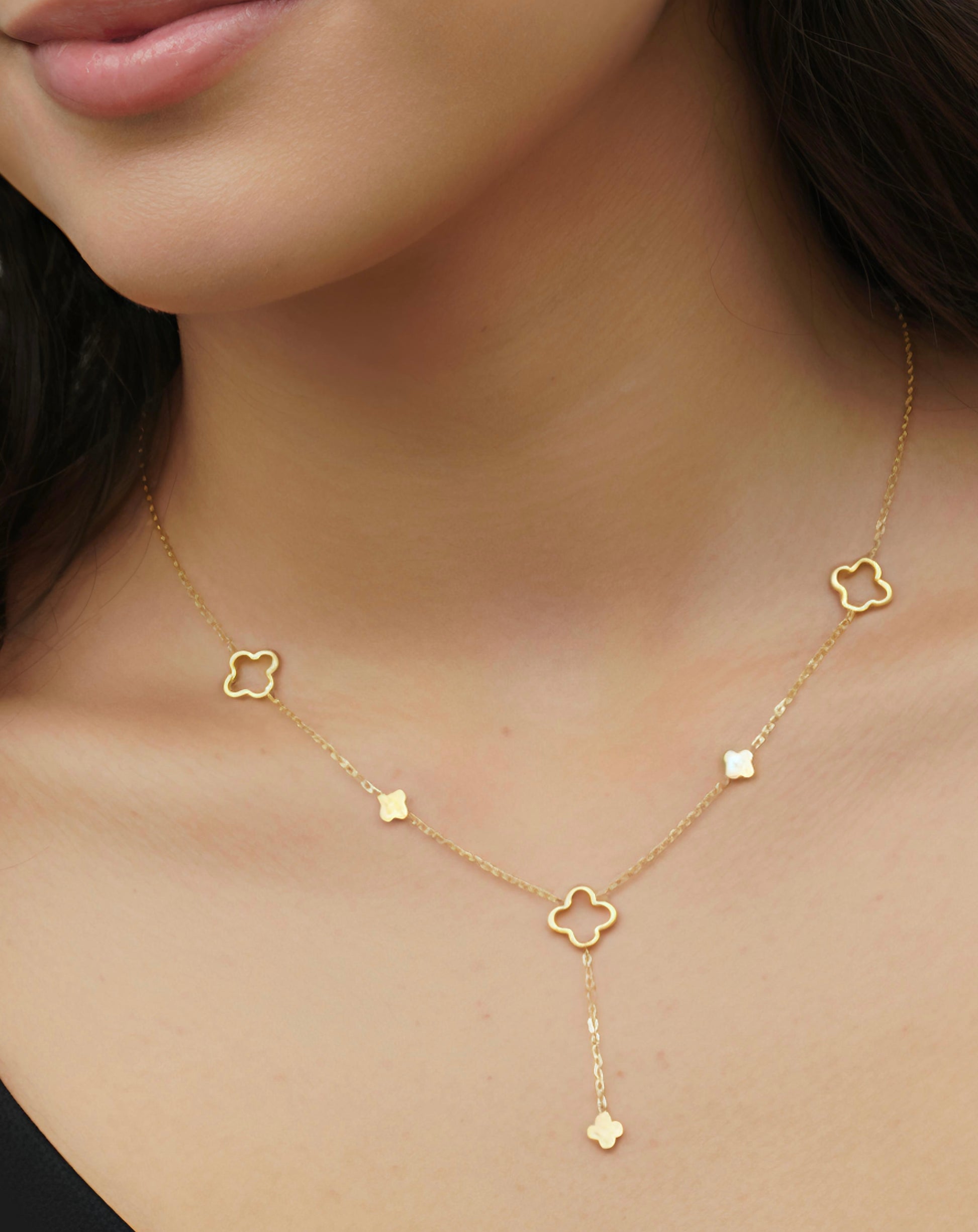 Collier Y Trèfles avec gros et petit trèfles - Dorés ou Argenté - Acier inoxydable