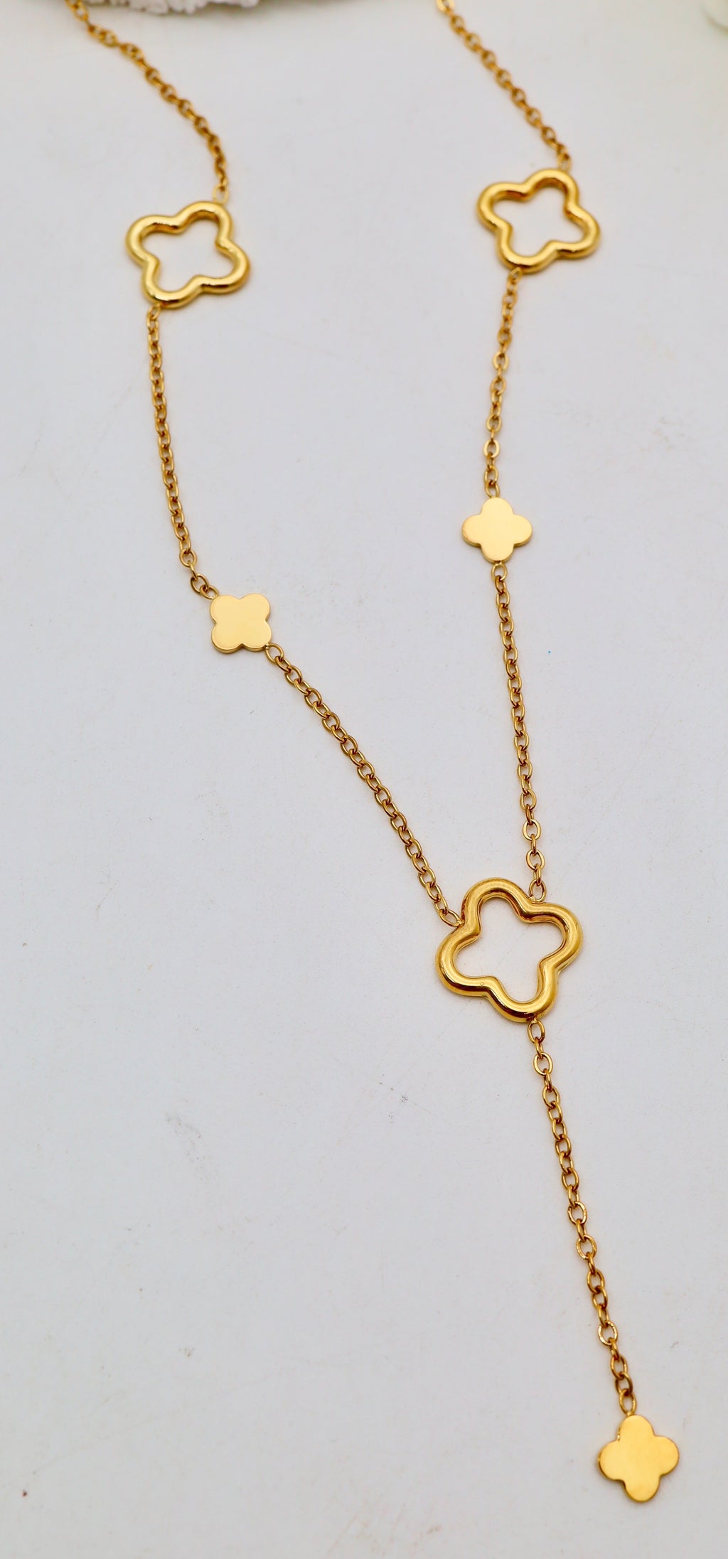 Collier Y Trèfles avec gros et petit trèfles - Dorés ou Argenté - Acier inoxydable