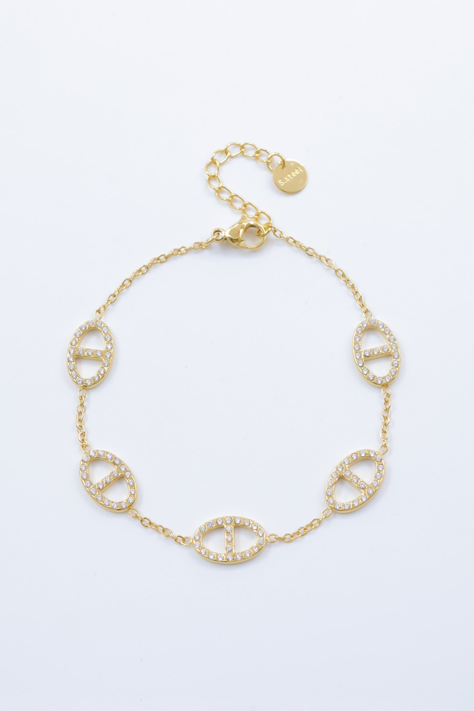 Bracelet ovale zircon￼tous le long gros symbole – Acier inoxydable (Or ou Argent)