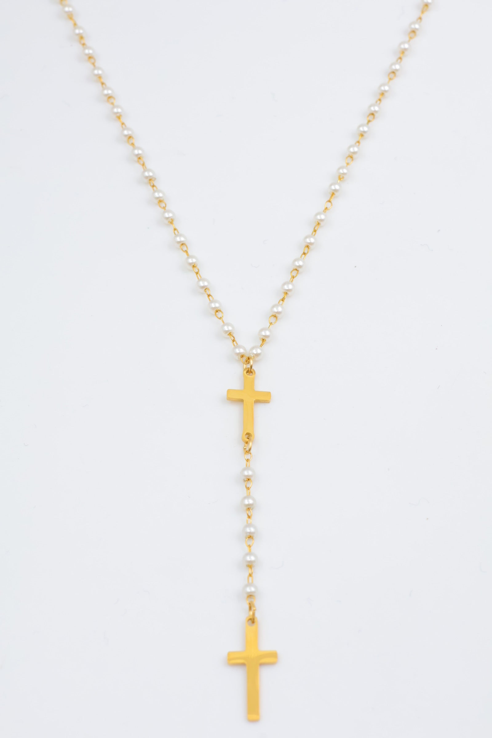 Collier Y croix & perles – Acier inoxydable