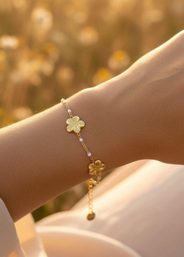 Bracelet fleurs & imitation perles de couleur – Acier inoxydable