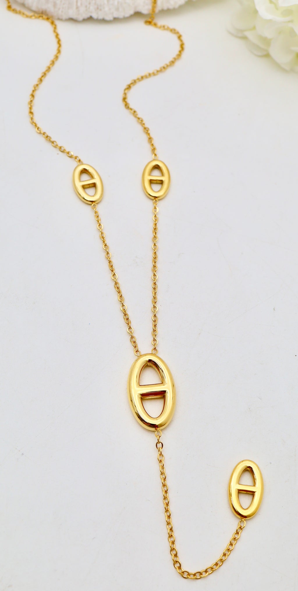 Collier sautoir Y doré ou argenté à pendentif ovales -Acier inoxydable