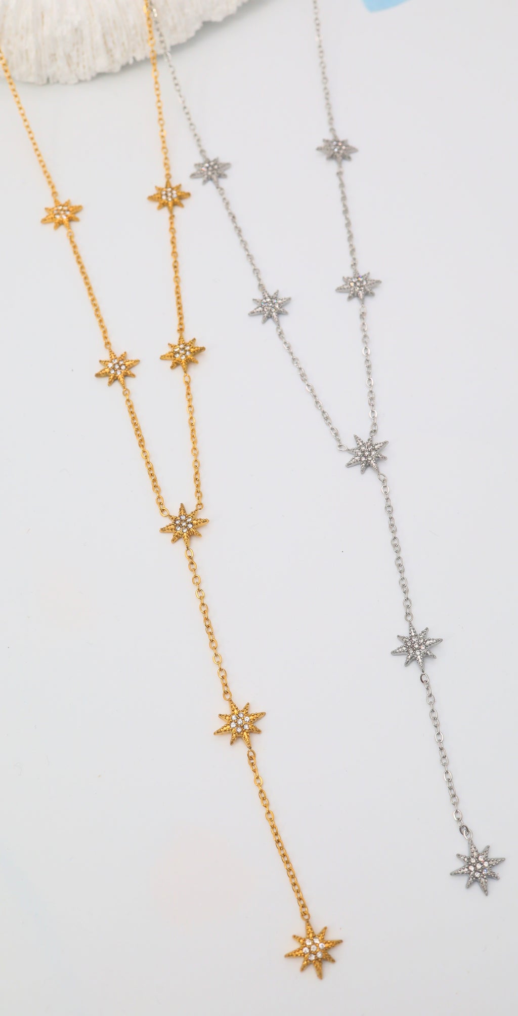 Collier Y Dorée ou Argenté étoiles zircon -acier inoxydable.