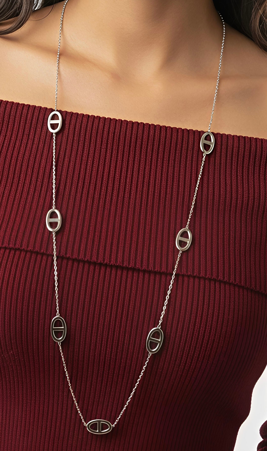 Sautoir Long à Motifs Ovales – Acier Inoxydable Doré ou Argenté