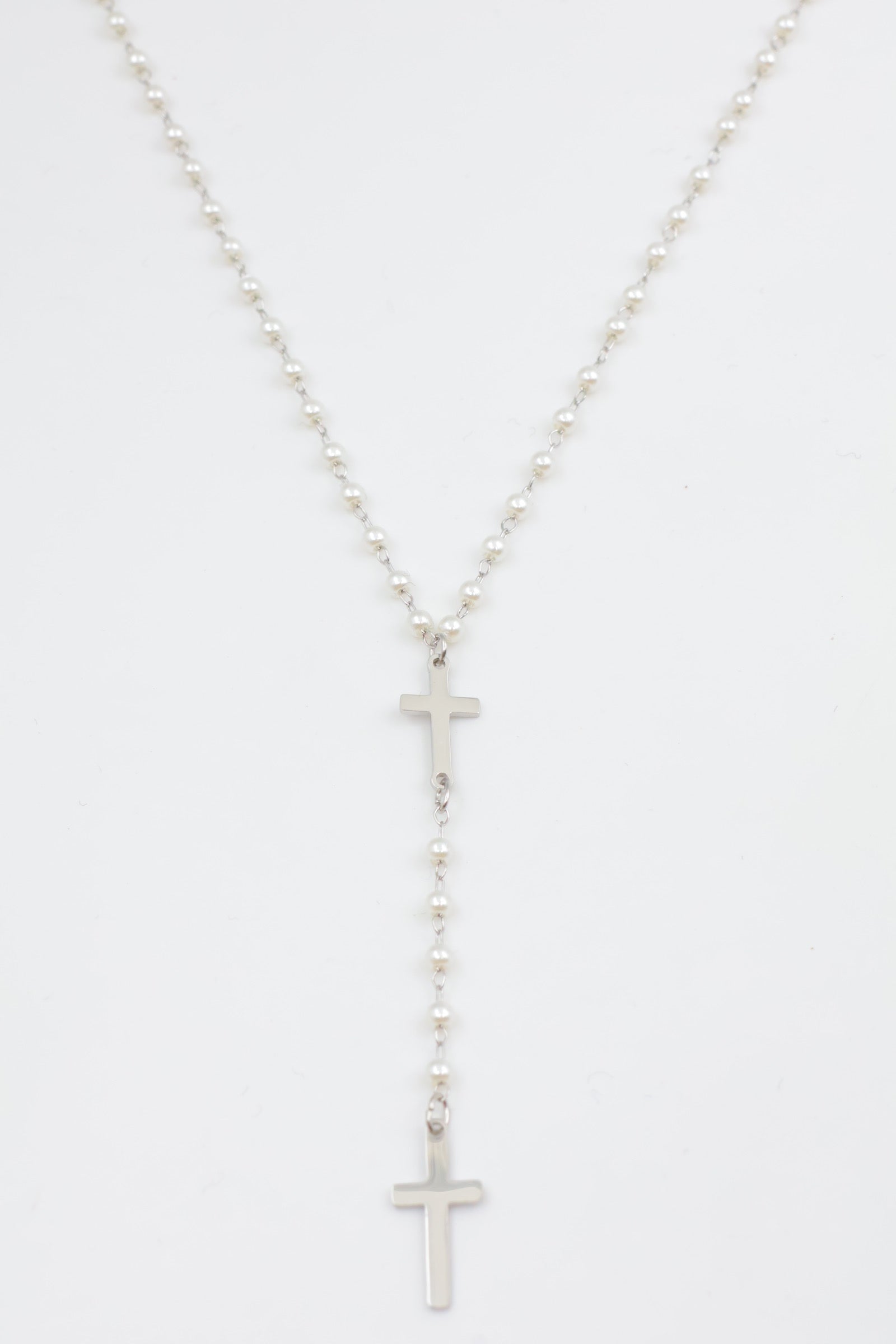 Collier Y croix & perles – Acier inoxydable