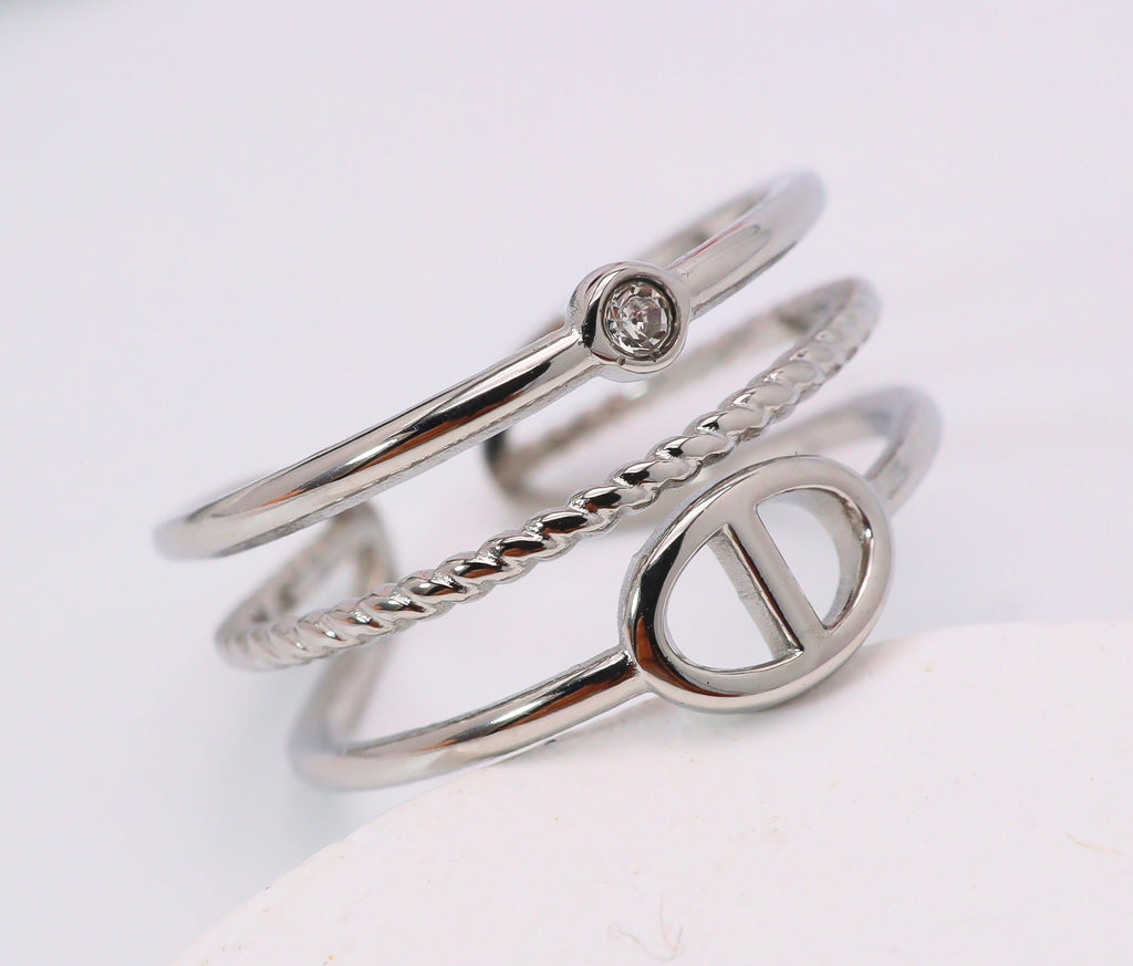 Bague triple anneaux lettre D – Acier inoxydable