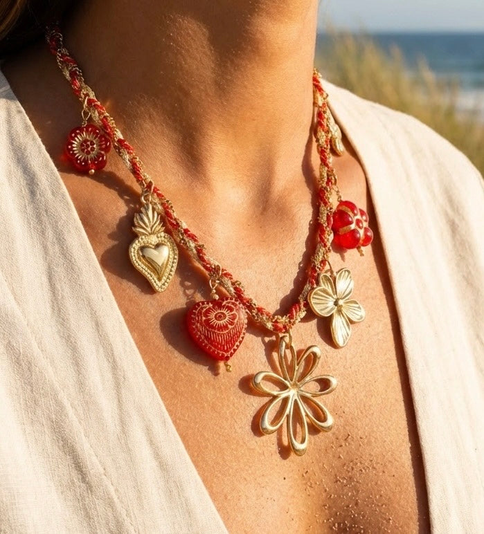 Collier bohème charms fleurs & cœurs en acier inoxydable doré