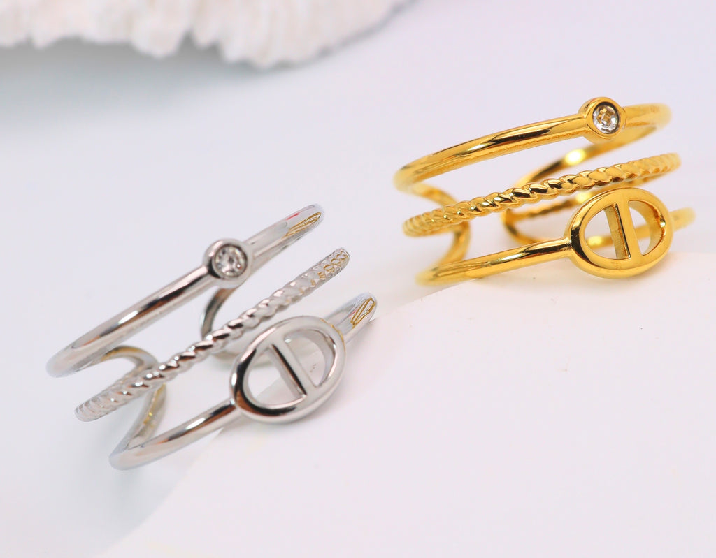 Bague triple anneaux lettre D – Acier inoxydable