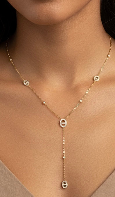Collier Y doré avec pendentif ovales pavés-Acier inoxydable -Or ou Argenté