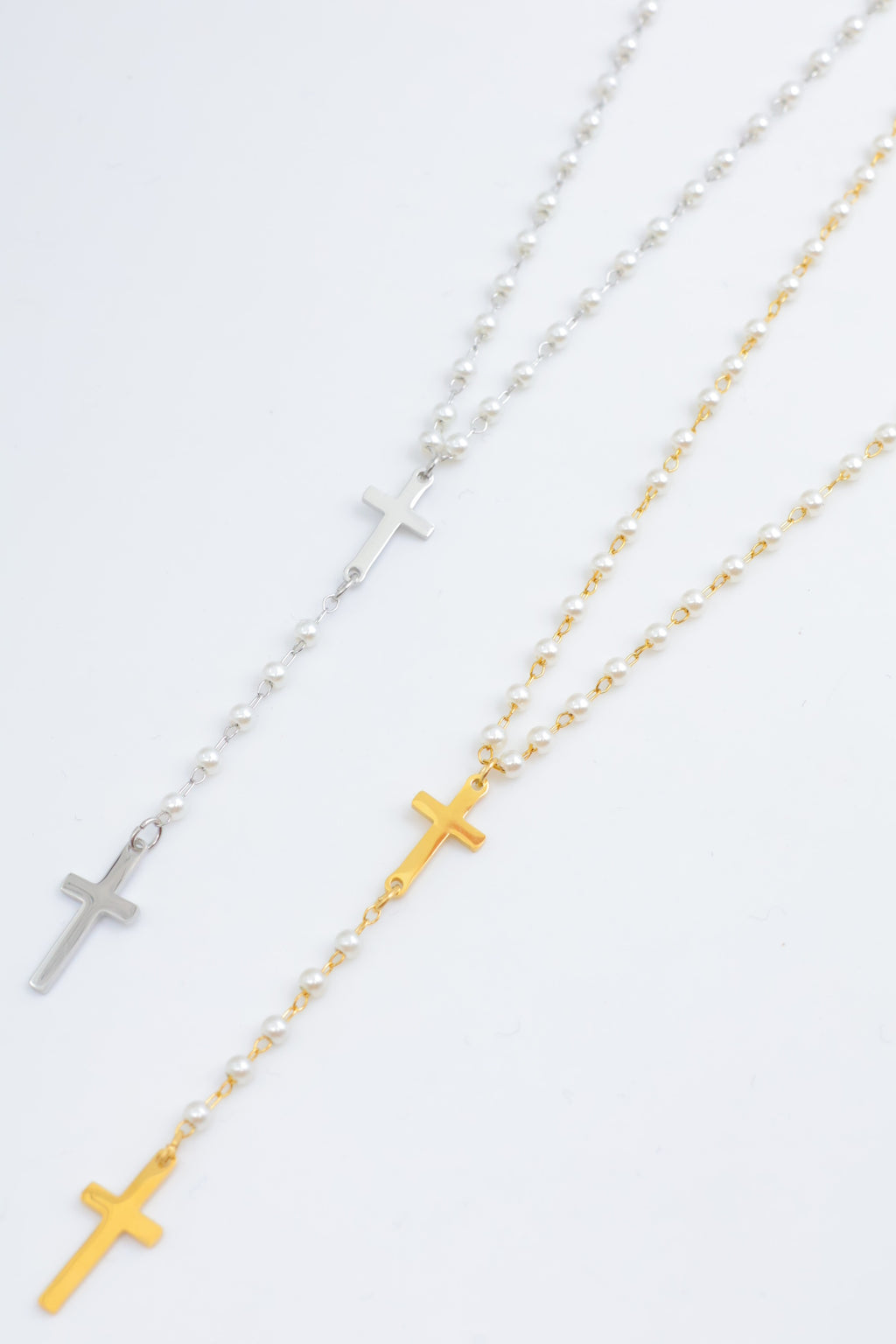Collier Y croix & perles – Acier inoxydable