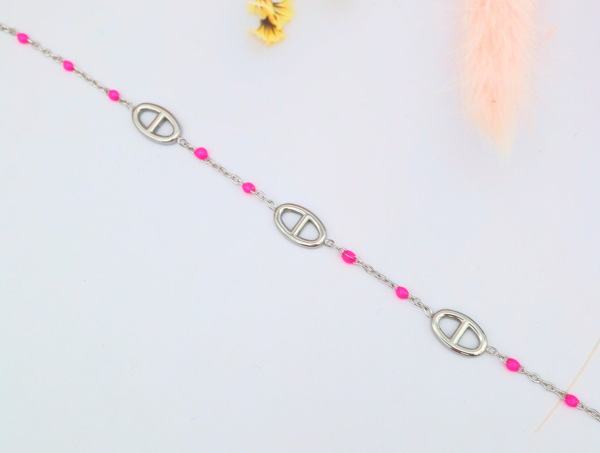 Bracelet maillons ovales & imitation perles colorées – Acier inoxydable