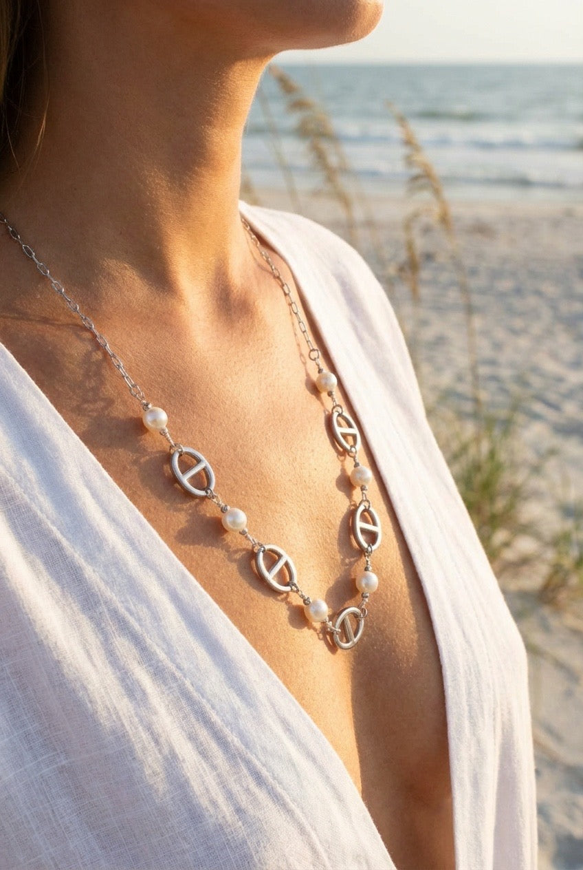 Collier perles & maillons élégants en acier inoxydable doré