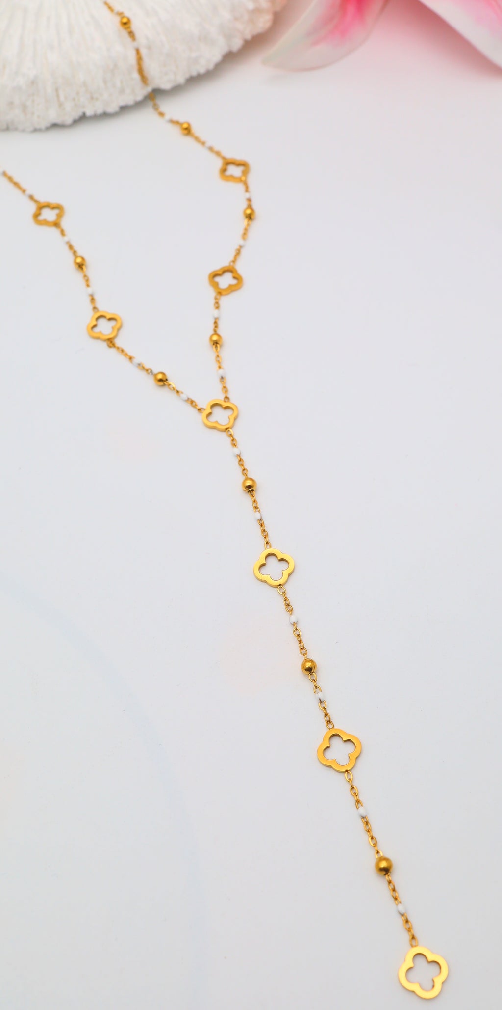 Collier Y Trèfles & imitation Perles blanche  – Acier inoxydable doré