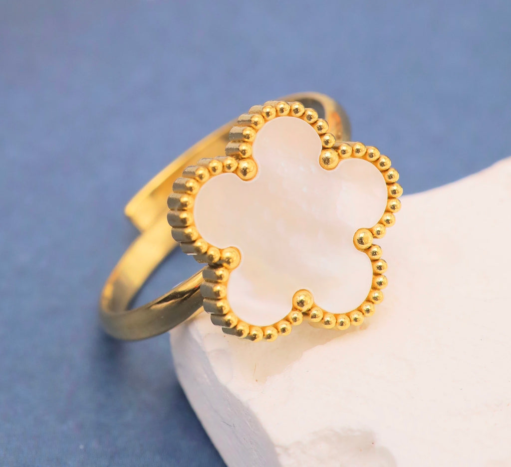 Bague trèfle nacré ou noir – Acier inoxydable