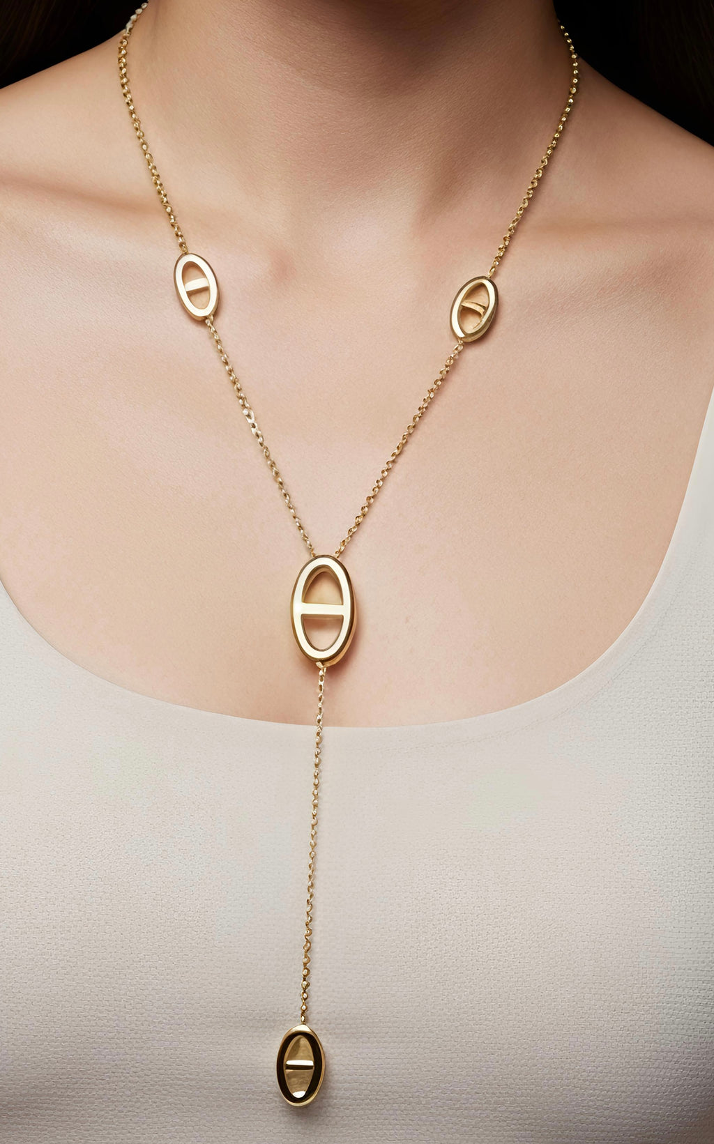 Collier sautoir Y doré ou argenté à pendentif ovales -Acier inoxydable