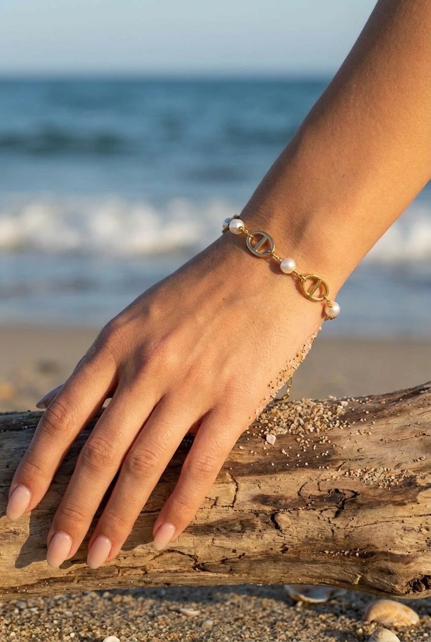 Bracelet perles & maillons élégants en acier inoxydable doré ou argenté