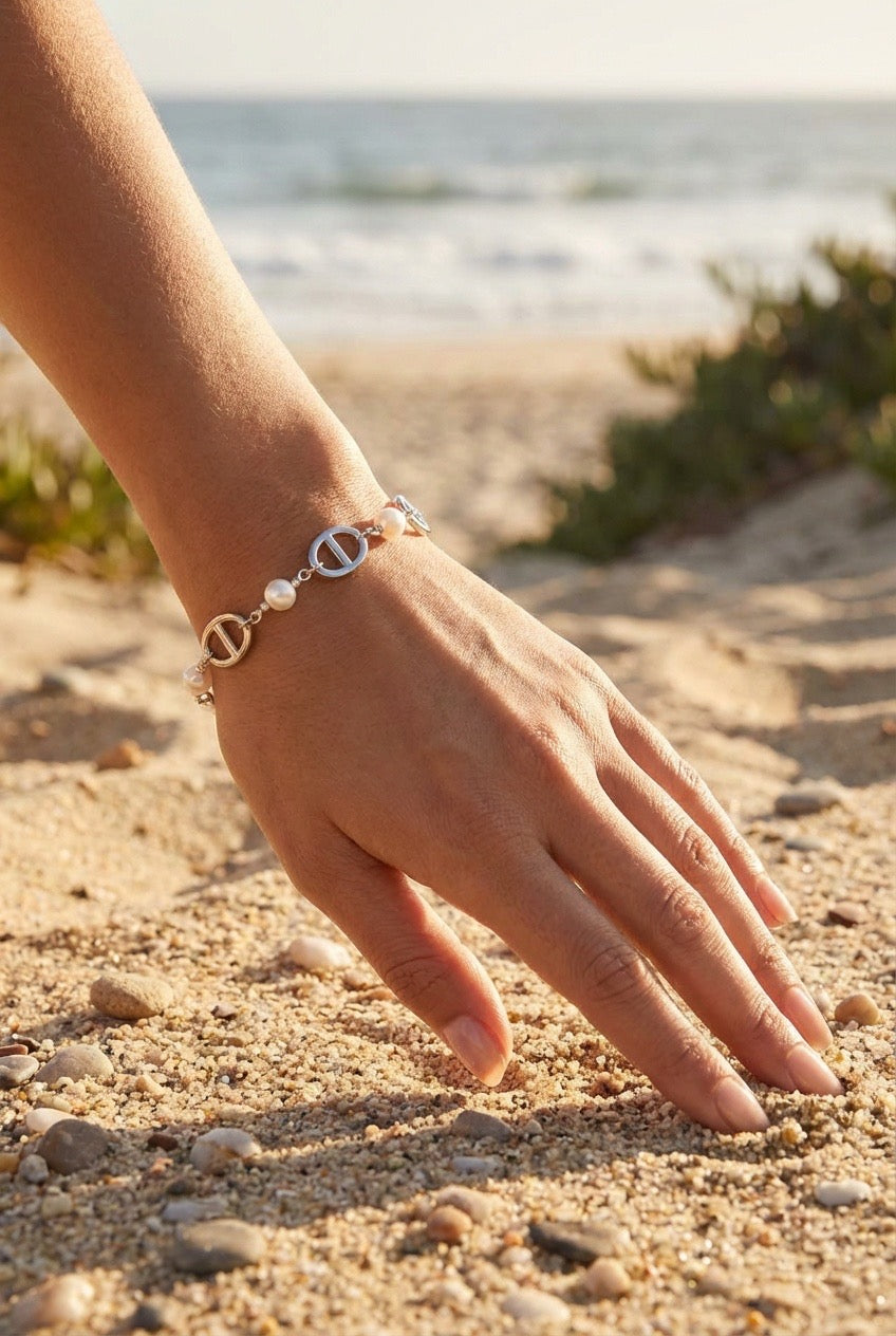 Bracelet perles & maillons élégants en acier inoxydable doré ou argenté